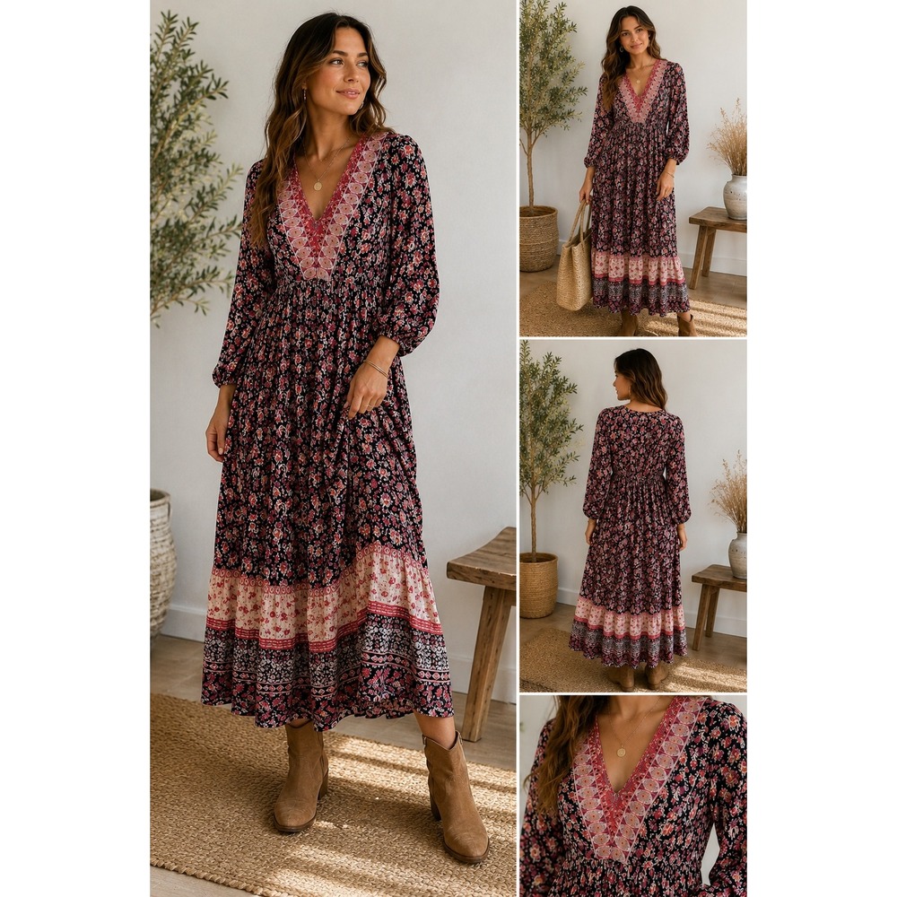 Angie Boho Floral Maxi Dress L Pink Black Rayon Peasant Cottagecore